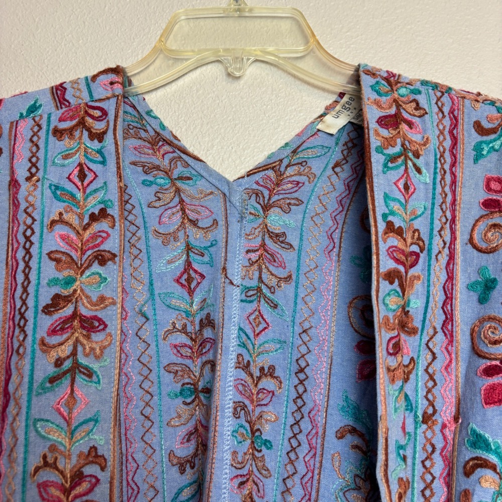 Umgee Kimono Wrap Womens S/M Blue Embroidered Floral Boho Festival Coastal Folk - Picture 7 of 13